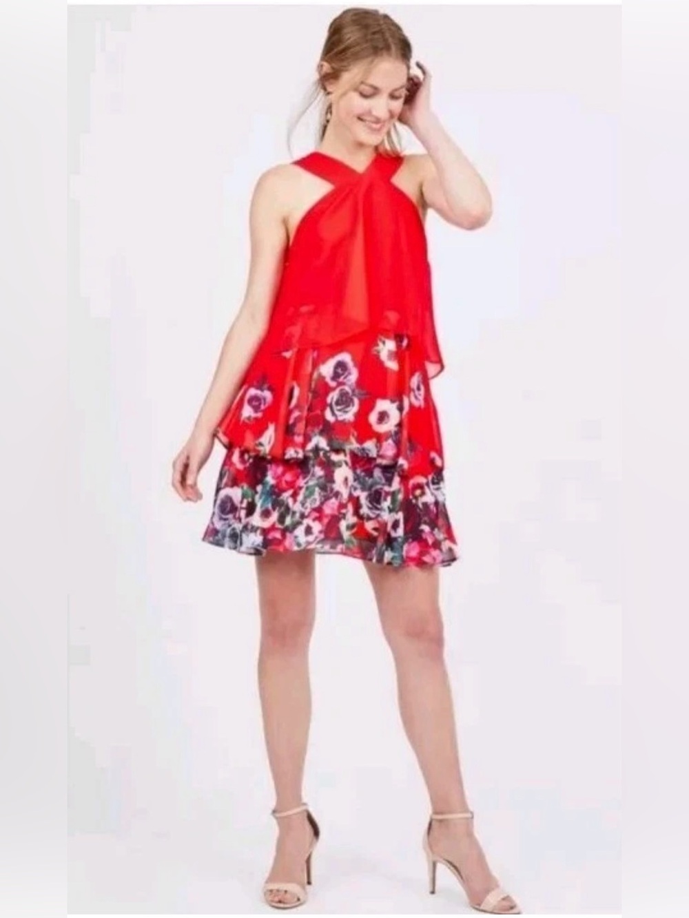 Badgley Mischka for Le Tote Red Floral Tiered Chiffon Dress Size 6